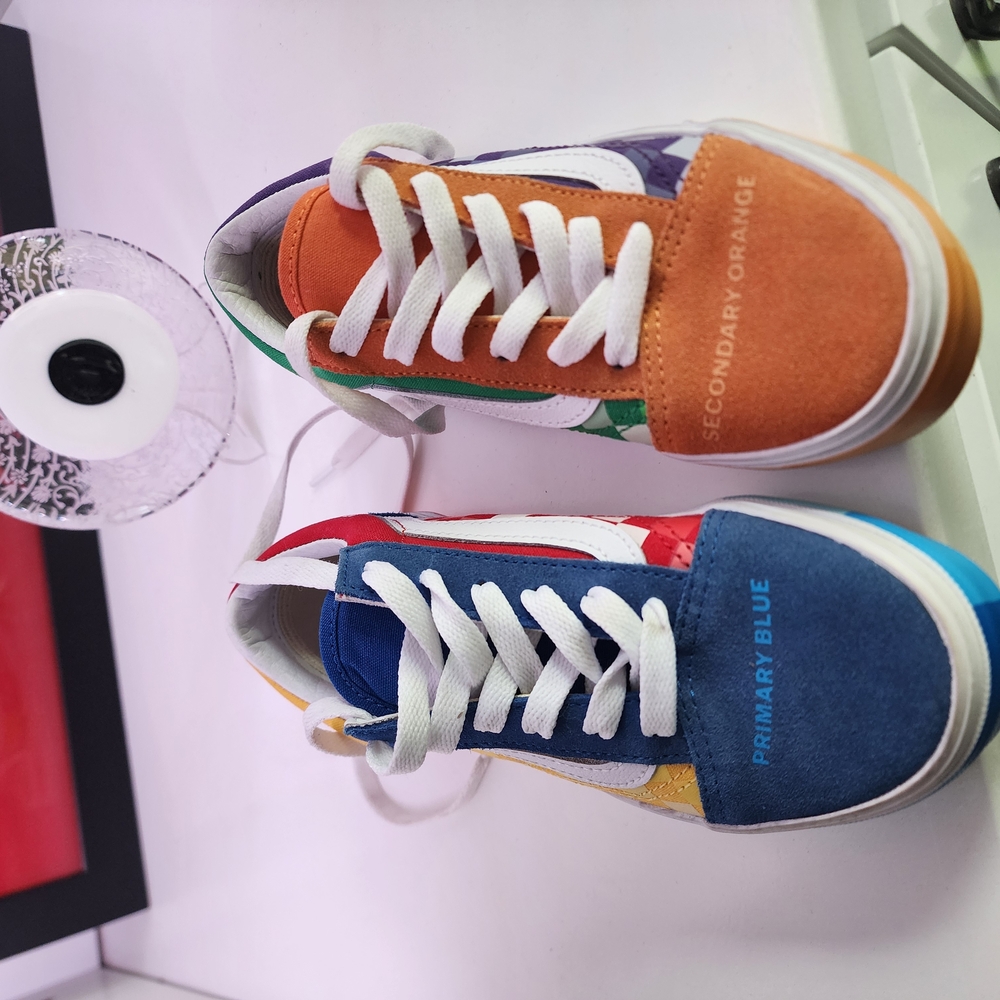 Vibrant Orange and Blue Low-Top Sneakers with Suede Finish